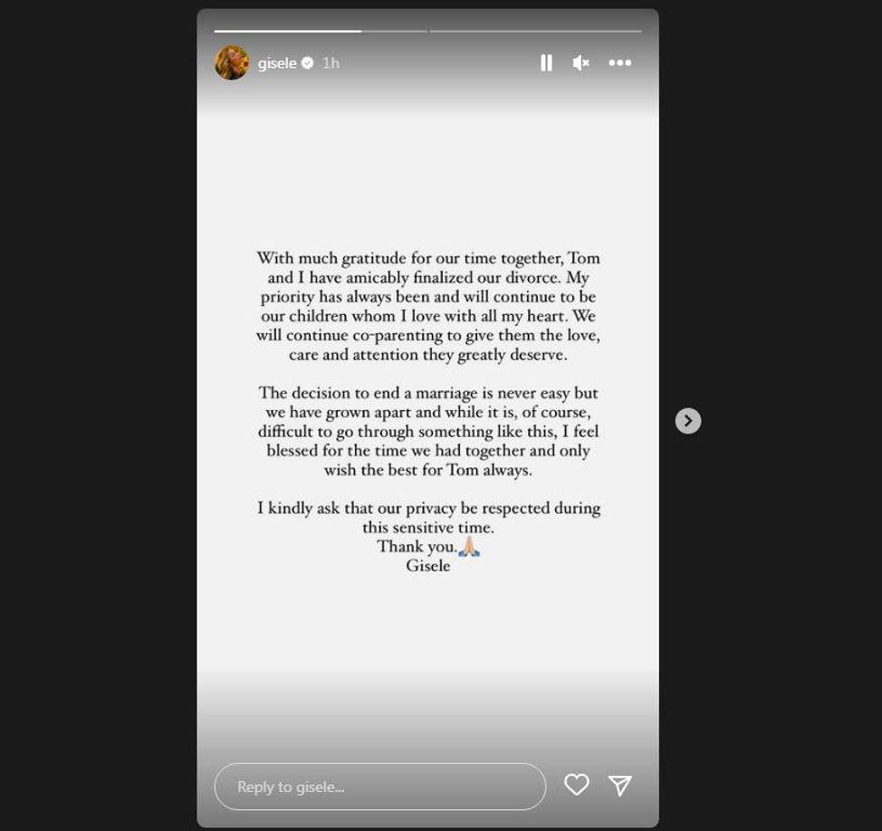 “La decisión de terminar un matrimonio nunca es fácil pero nos distanciamos y aunque es difícil pasar por algo así, me siento bendecida por el tiempo que pasamos juntos y solo le deseo a Tom lo mejor siempre”, escribió Gisele Bündchen, en la misma red, en inglés y en portugués.
