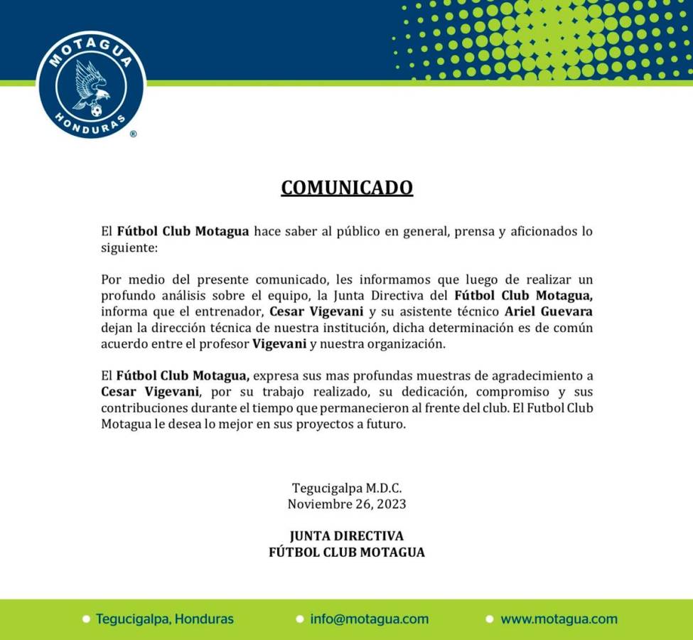 Este fue el comunicado que emitió el Motagua para anunciar la salida de César Vigevani.