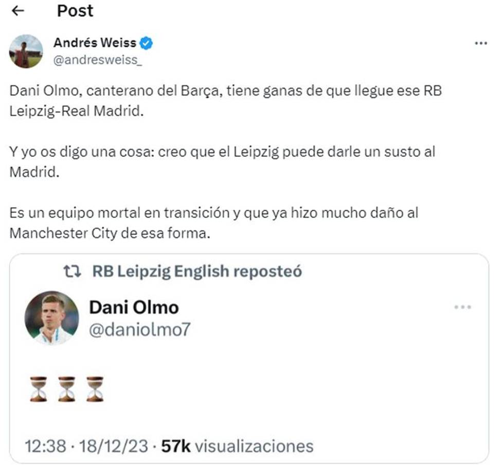 El futbolista Dani Olmo, volante del Leipzig, dejó un peculiar mensaje en donde evidencia su deseo por que llegue la fecha de ese juego ante Real Madrid.