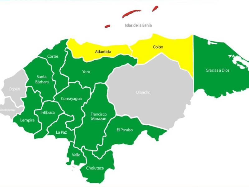 Mapa de alertas emitido por Copeco este viernes 20 de octubre.