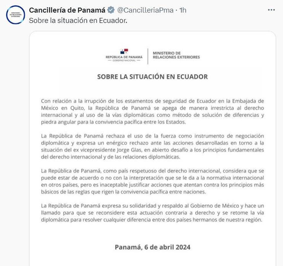 Cancillería de Panamá emitió un comunicado sobre la situación en Ecuador. 
