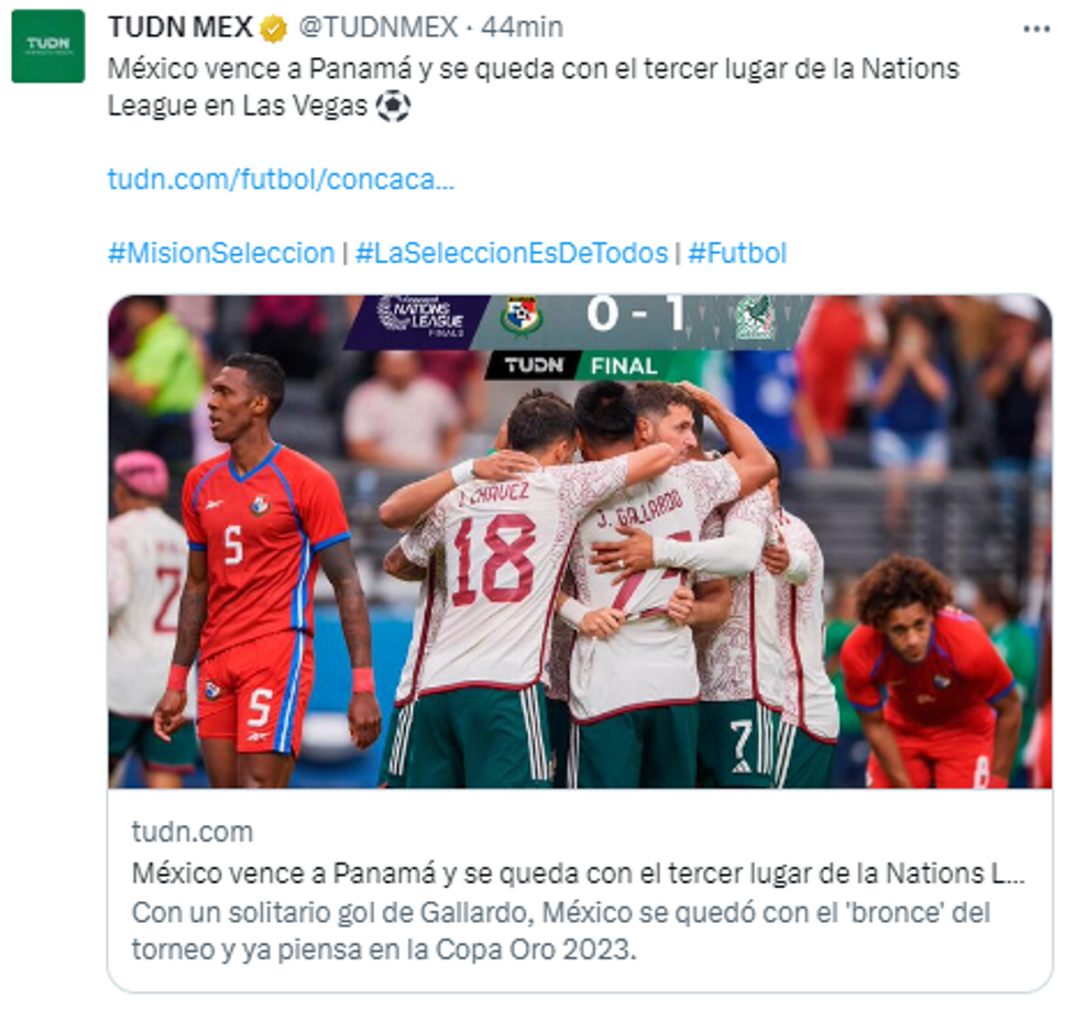 TUDN: “México vence a Panamá y se queda con el tercer lugar de la Nations League en Las Vegas”.