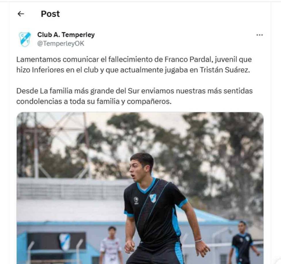Diferentes clubes de Argentina han lamentado la muerte del jugador argentino Franco Pardal.