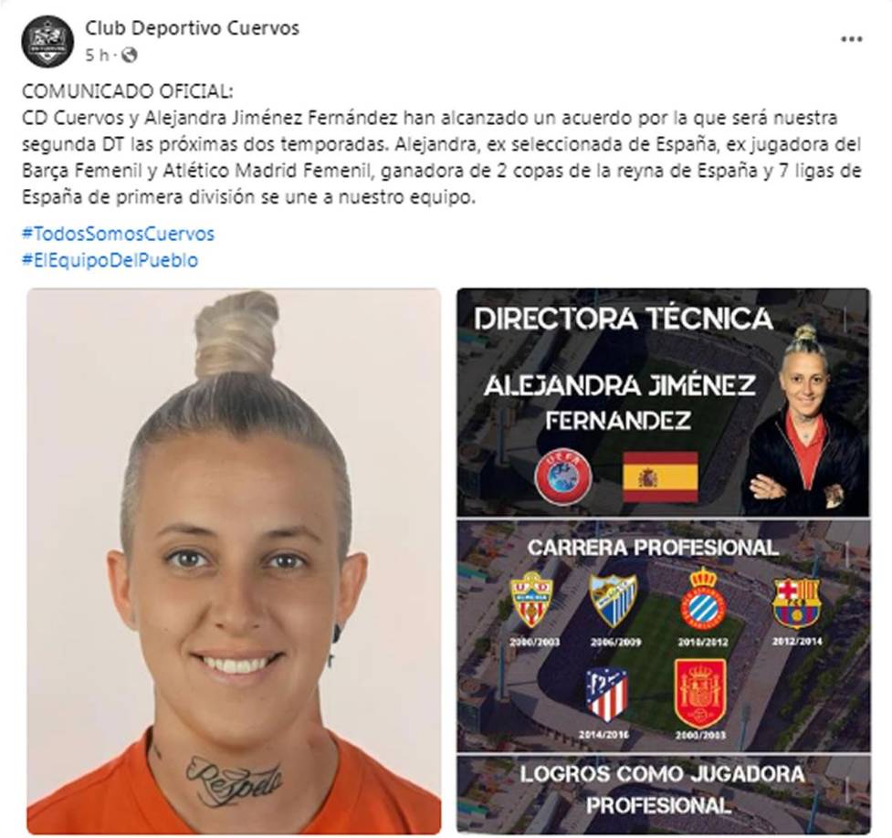 “COMUNICADO OFICIAL: CD Cuervos y Alejandra Jiménez Fernández han alcanzado un acuerdo por la que será nuestra segunda DT las próximas dos temporadas. Alejandra, ex seleccionada de España, ex jugadora del Barça Femenil y Atlético Madrid Femenil, ganadora de 2 copas de la reyna de España y 7 ligas de España de primera división se une a nuestro equipo”, anunció el equipo hondureño.
