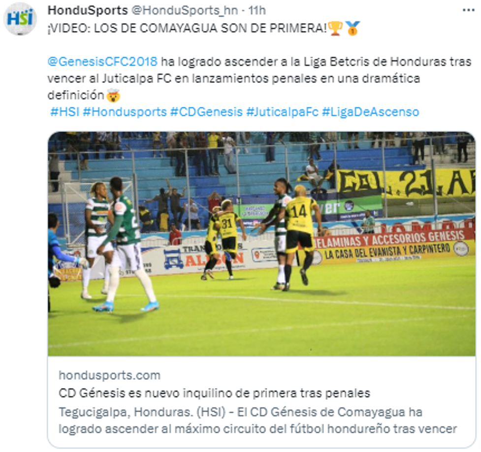 Así informó HonduSports luego de que el Génesis ascendiera a Primera División.