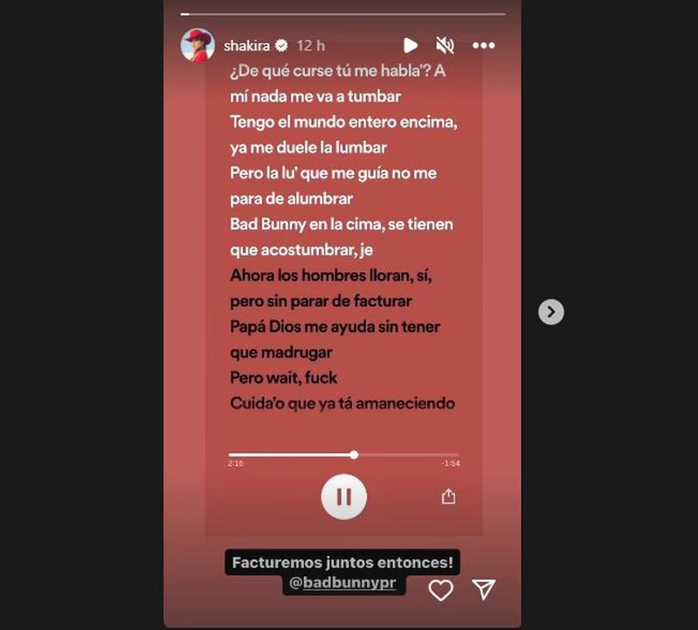 Este es el mensaje que compartió Shakira y en el que anima a su colega Bad Bunny a grabar un tema con ella.