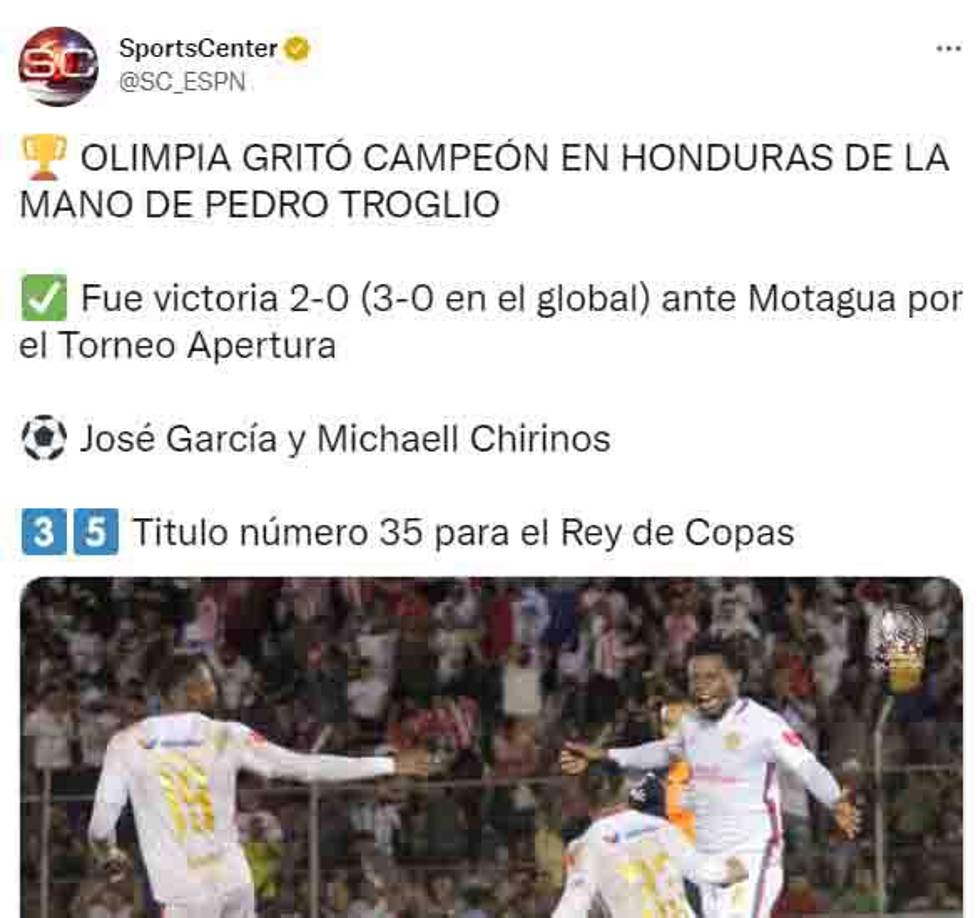 Sports Center de ESPN: “Olimpia gritó campeón en Honduras de la mano de Pedro Troglio.”