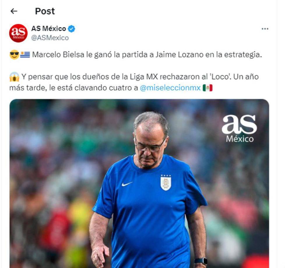 Diario AS de México destacó a Marcelo Bielsa y lamentó que el argentino no es el DT de la selección mexicana. 