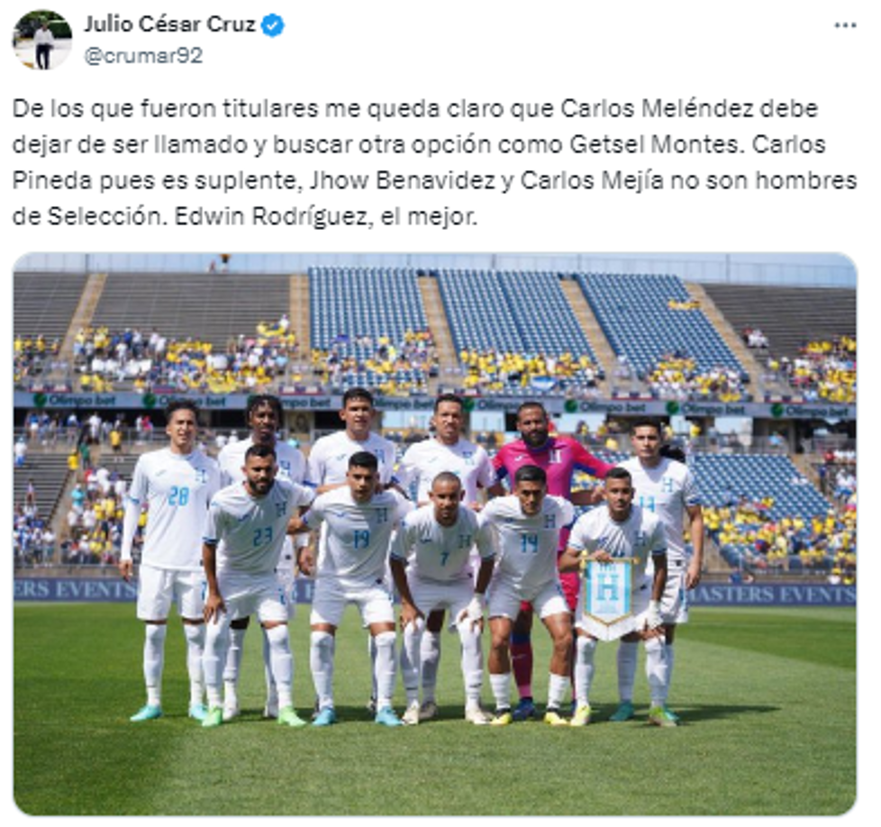 Y agregó: “De los que fueron titulares me queda claro que Carlos Meléndez debe dejar de ser llamado y buscar otra opción como Getsel Montes. Carlos Pineda es suplente, Jhow Benavidez y Carlos Mejía no son hombres de Selección. Edwin Rodríguez, el mejor”: