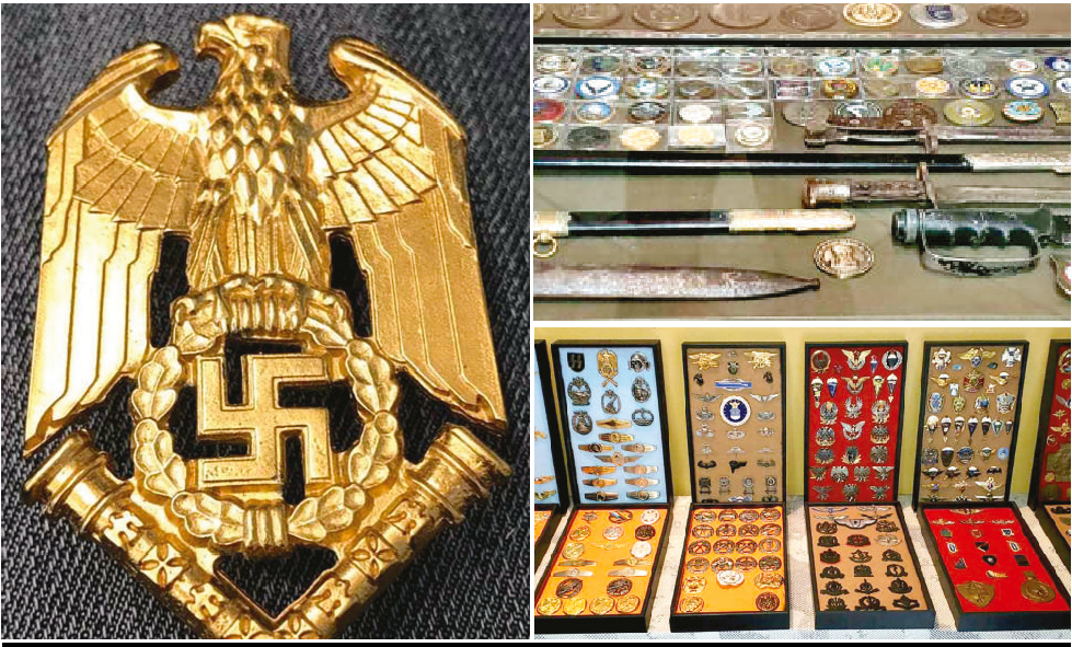 En una de las fotos una medalla de la Alemania Nacional Socialista de Adolfo Hitler. Al lado una colección de medallas de distintos países.