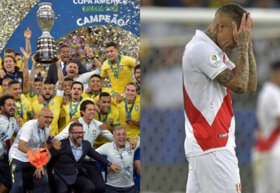 Brasil ganó este domingo su novena Copa América al vencer en la final a Perú por 3-1 en el estadio Maracaná. Mira las imágenes más curiosas del partido; alegría en los brasileños, pero un jugador salió llorando del enojo. Triste en los peruanos. Fotos AFP.