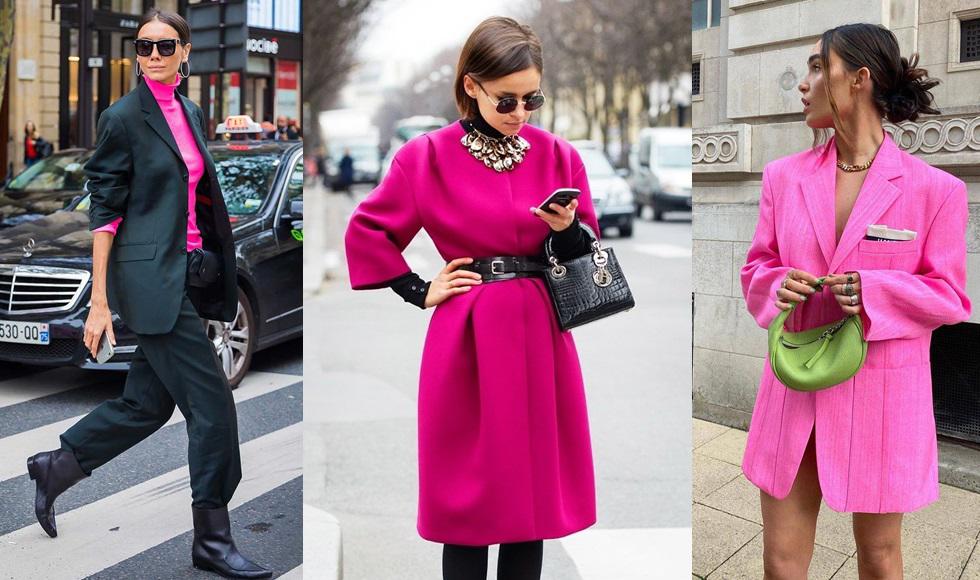 Un traje sastre negro clásico se moderniza con una blusa fucsia y botines. Los vestidos con blusas mangas largas y medias negras son otra opción. Así como los vestidos blazer con un bolso verde.