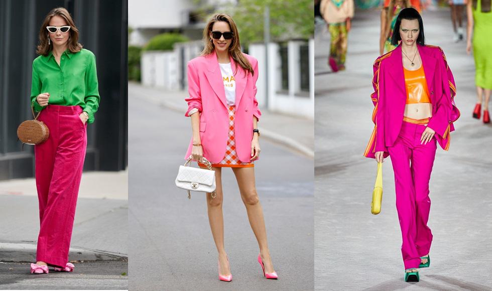 Para la oficina, los conjuntos de traje, falda o pantalón con blusa con ideales si combinas en fucsia en tonos compatibles como el verde, naranja o amarillo.