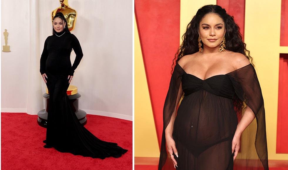 Vanessa Hudgens lució su avanzado embarazo con dos vestidos negros, uno para la gala de premiación de los Óscar y otro para el after party de Vanity Fair.