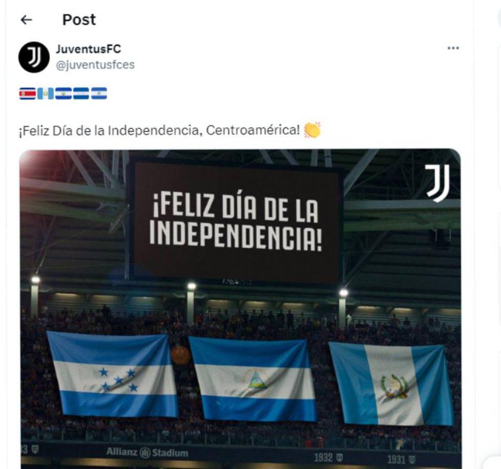 La Juventus de Italia felicitó a todos los países centroamericanos que celebran sus 203 años de Indepedencia.