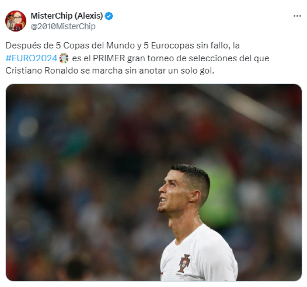 El famoso Mister Chip publicó que está Euro 2024 es el primer gran torneo de selecciones en el que CR7 no pudo anotar un tan solo gol.