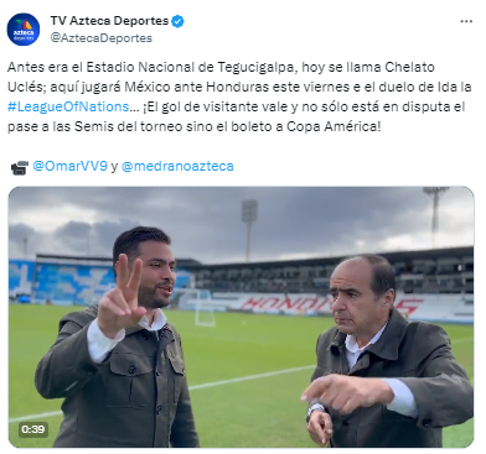 Los periodistas de TV Azteca Deportes en el Estadio Nacional Chelato Uclés, donde remarcaron que el gol de visitante vale doble y que se juega el pase directo a la Copa América 2024. 
