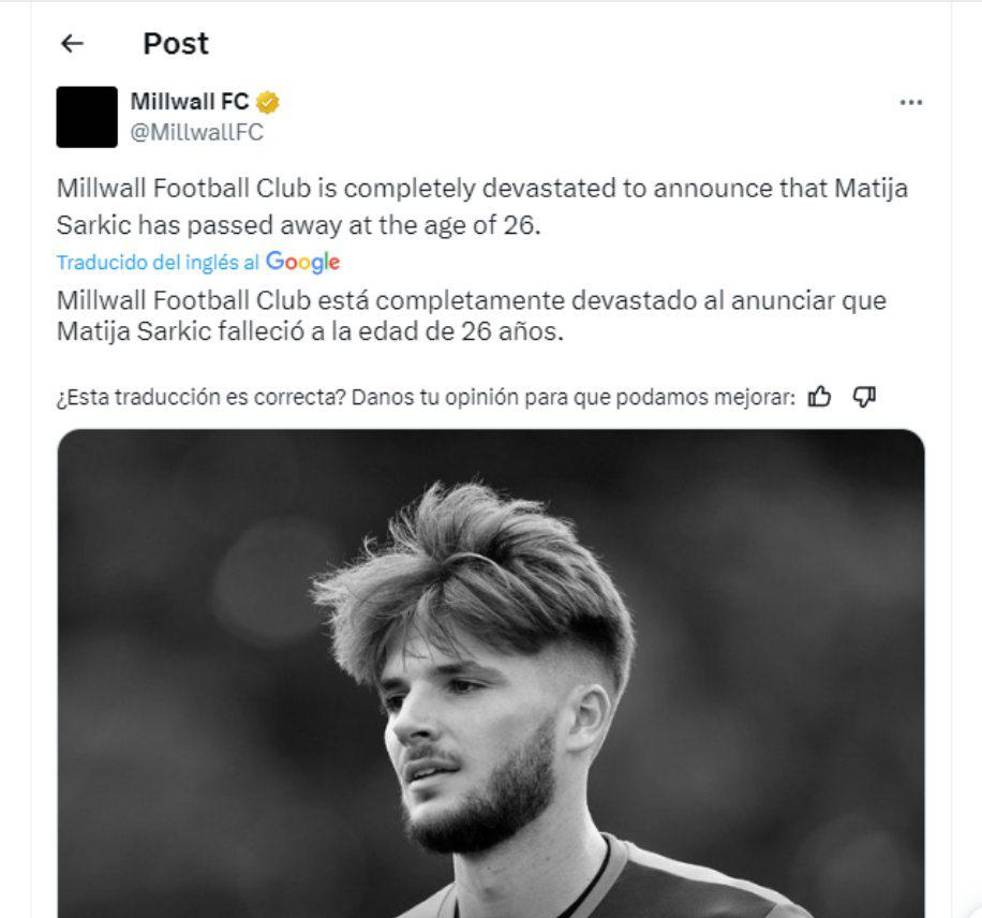 El comunicado del equipo inglés donde informó la muerte de su jugador.