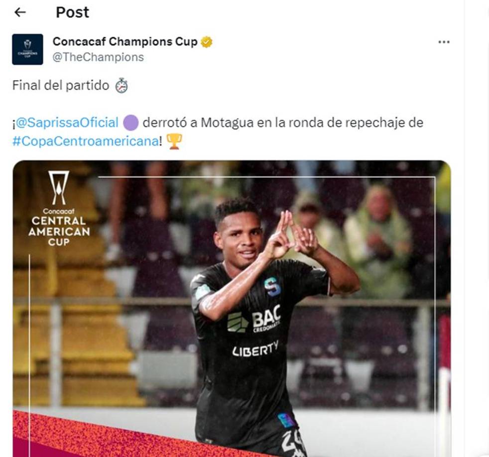 La cuenta oficial de X de la Copa Centroamericana publicó este mensaje tras el final del Saprissa vs Motagua.