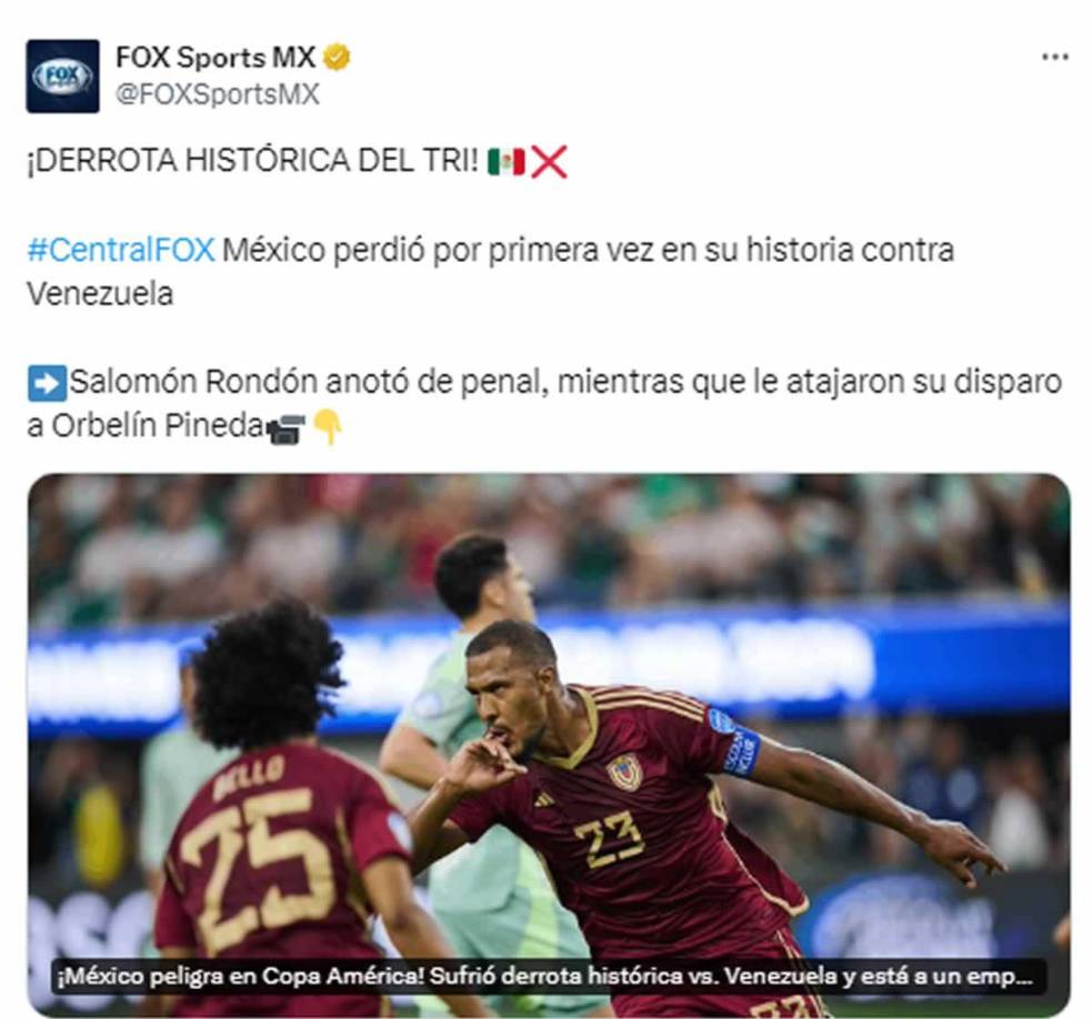 Fox Sports - “¡Derrota histórica del Tri! México perdió por primera vez en su historia contra Venezuela” en la Copa América.