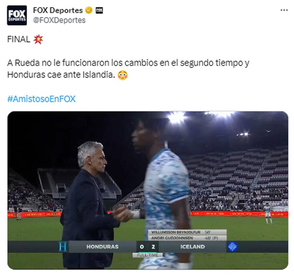 Fox Deportes - “A Rueda no le funcionaron los cambios en el segundo tiempo y Honduras cae ante Islandia”.