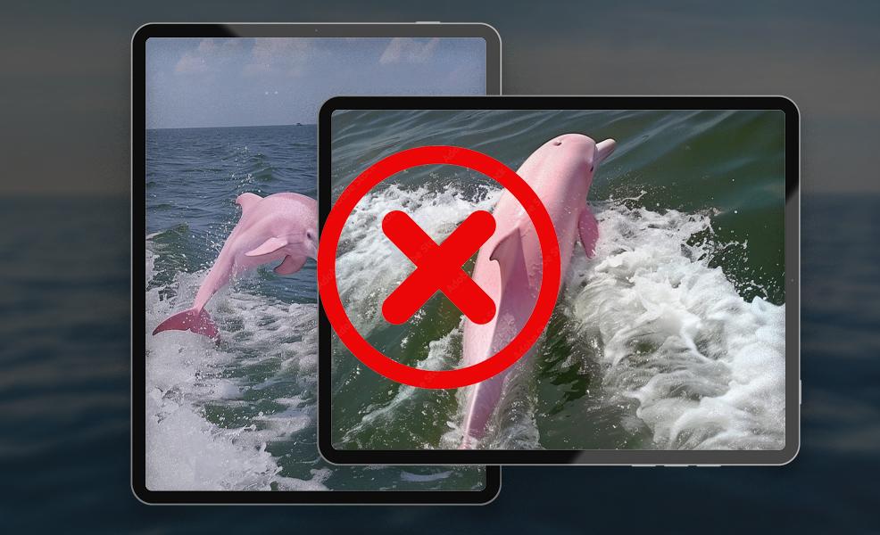 <p>Las imágenes que circulan en redes sociales, muestran un delfin rosado con alteraciones digitales.</p>