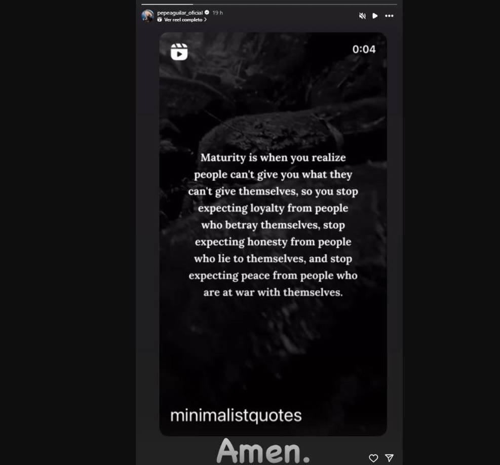 “Madurez es cuando te das cuenta de que la gente no puede darte lo que no pueden darse a sí mismos, así que deja esperar lealtad de personas que se traicionan a sí mismas y deja de esperar paz de personas que están en guerra consigo mismos”, publicó el intérprete, quien está de vacaciones en Japón con su esposa Aneliz Álvarez.