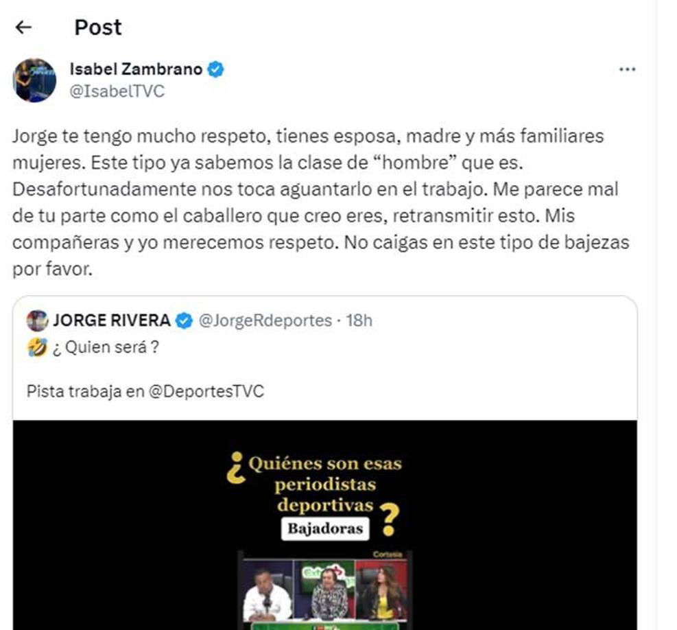 Las palabras de Isabel Zambrano en su cuenta oficial de Twitter respecto a Orlando Ponce Morazán.