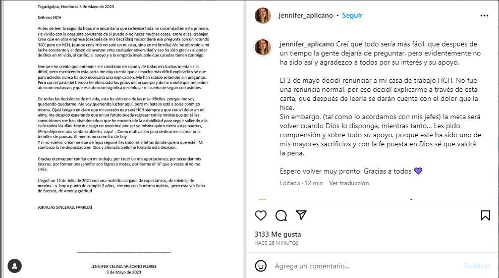 Jennifer Aplícano compartió este mensaje en sus redes sociales.