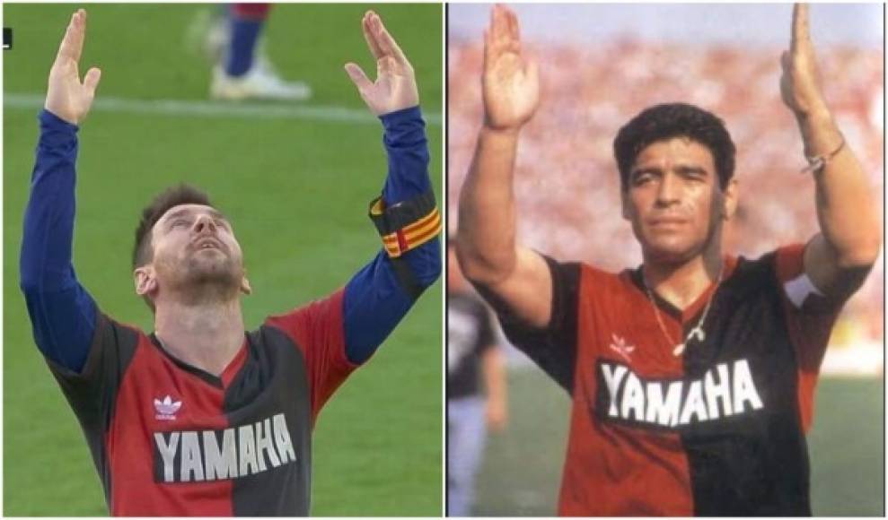 Messi le rindió homenaje a Maradona sacándose la elástica azulgrana para descubrir la rojinegra del Newell's Old Boys con el '10' que Maradona lució durante una temporada, mientras extendía ambos brazos y alzaba la mirada hacia el cielo.