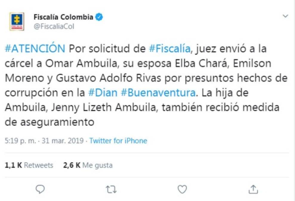 Fiscalía Colombia hizo oficial la detención a través de su cuenta de Twitter.