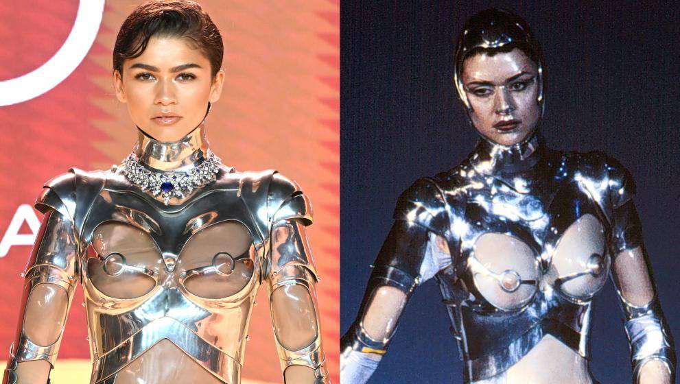 La actriz estadounidense dio un guiño futurista vistiendo el traje de robot diseñado por Thierry Mugler, para su colección de otoño de 1995.