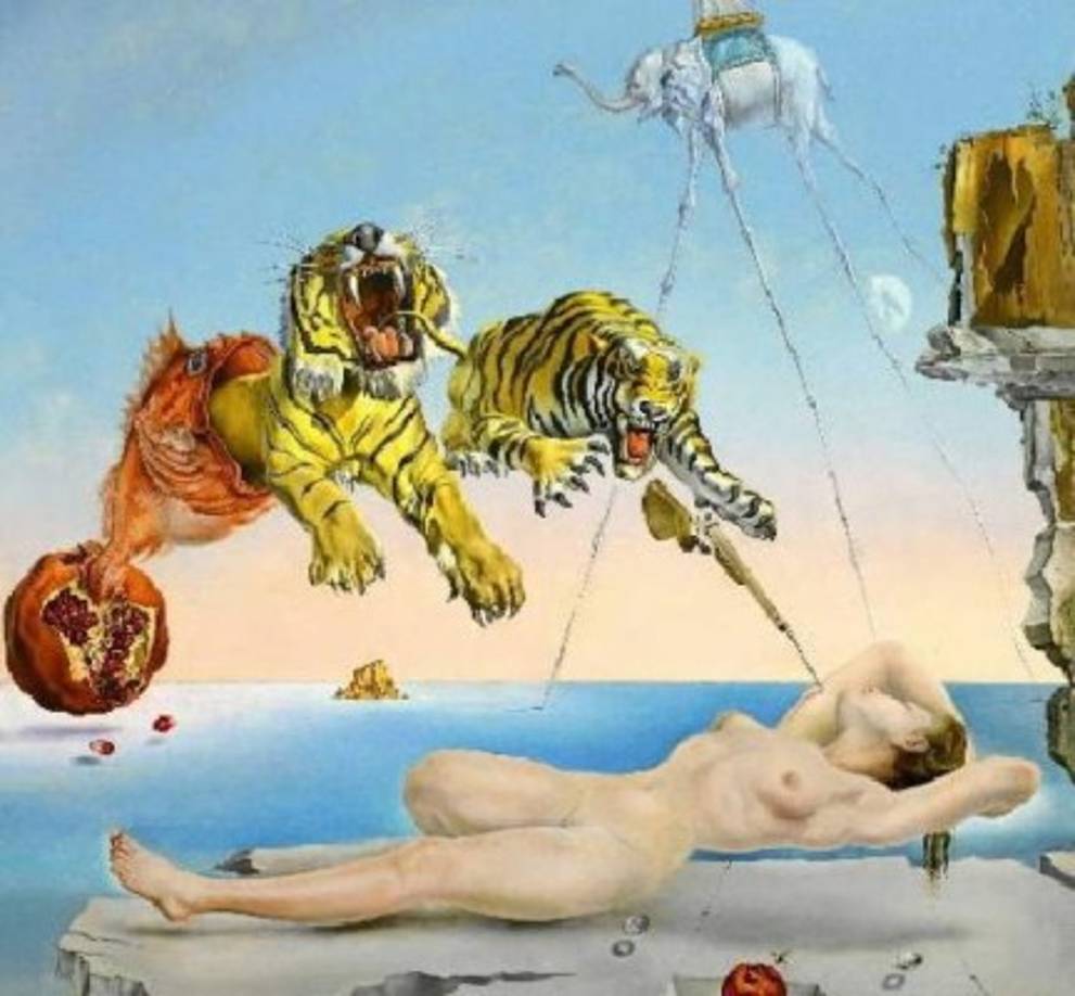 SUEÑO CAUSADO POR EL VUELO DE UNA ABEJA ALREDEDOR DE UNA GRANADA UN SEGUNDO ANTES DE DESPERTAR (1944)<br/>El título lo explica todo.