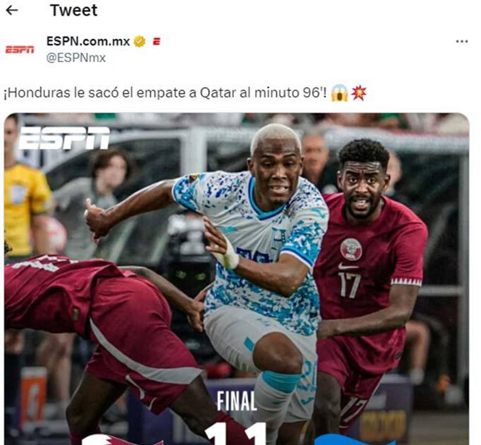 ESPN México: “Honduras le sacó el empate a Qatar al minuto 96.”