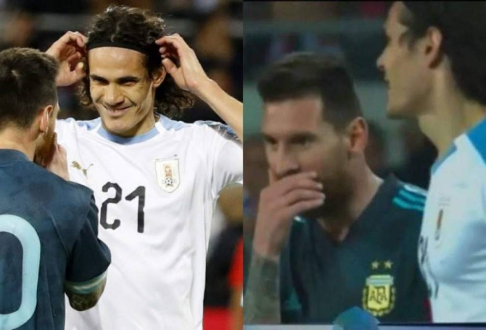 Lionel Messi y Edinson Cavani protagonizaron un momento tenso en el duelo amistoso que disputaron las selecciones de Argentina y Uruguay que finalizó empatado 2-2. Ambos llegaron inclusive a retarse a pelear. Fotos AFP .