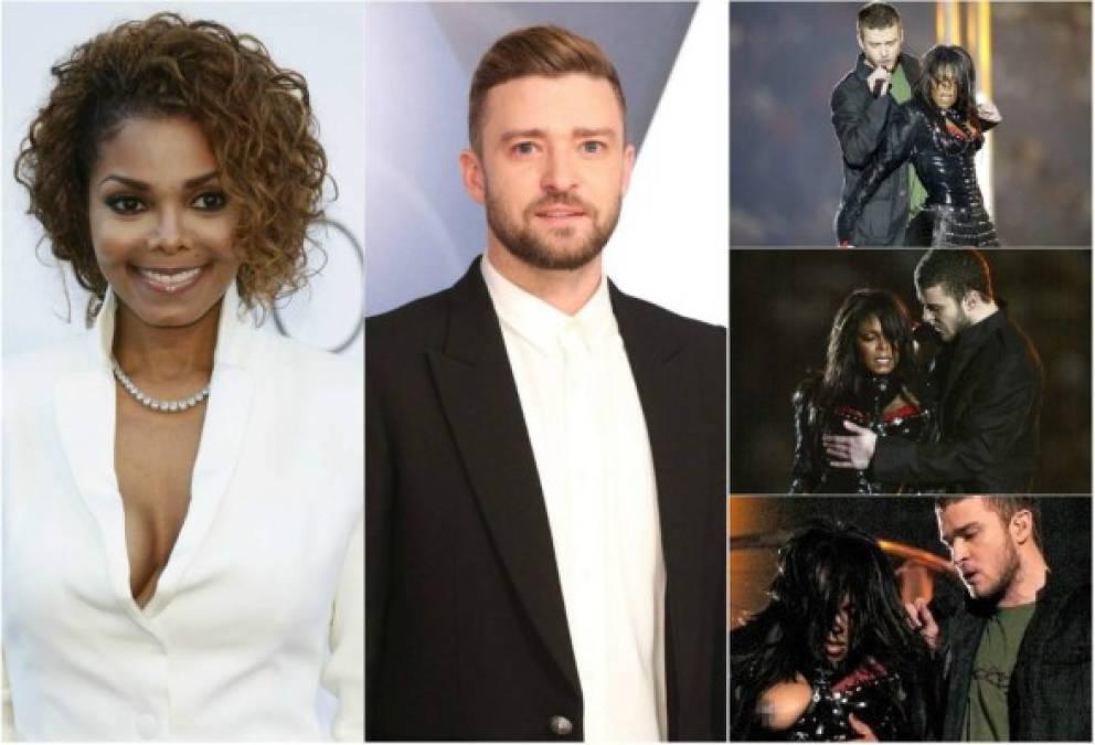 Janet Jackson y Justin Timberlake protagonizaron el ‘show’ de medio tiempo más memorable de la historia del Super Bowl en 2004. Durante la actuación , el cantante agarró el corsé de la hermana de Michael Jackson y lo estiró, dejando ver el seno derecho de la cantante. El momento indignó al puritanismo yanqui y obligó a la Comisión Federal de Comunicaciones a abrir una investigación.