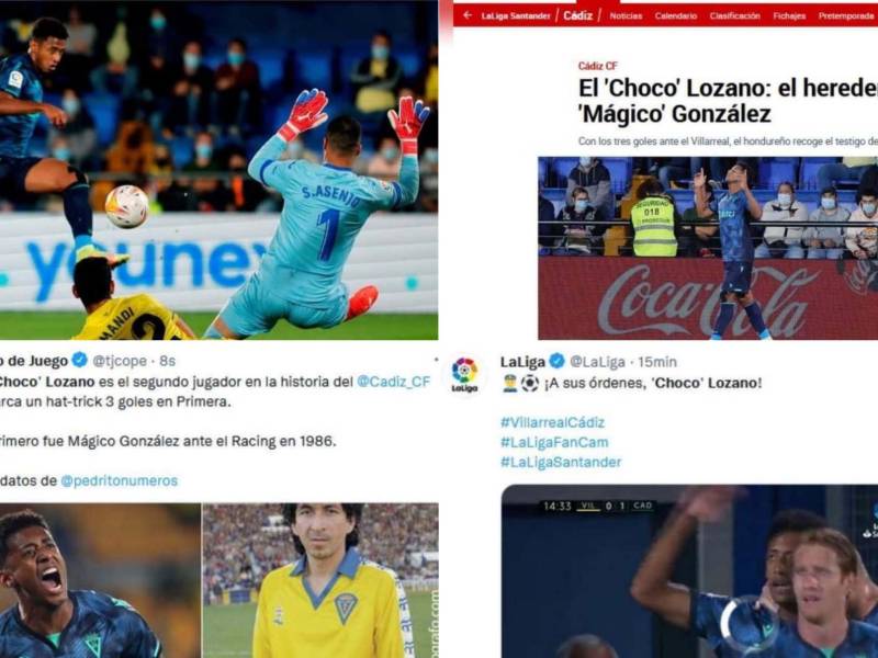 La prensa española se ha rendido al Choco Lozano luego que el hondureño se despachó con un hat-trick en el empate 3-3 del Cádiz ante Villarreal por la jornada 11 de la Liga Santander.