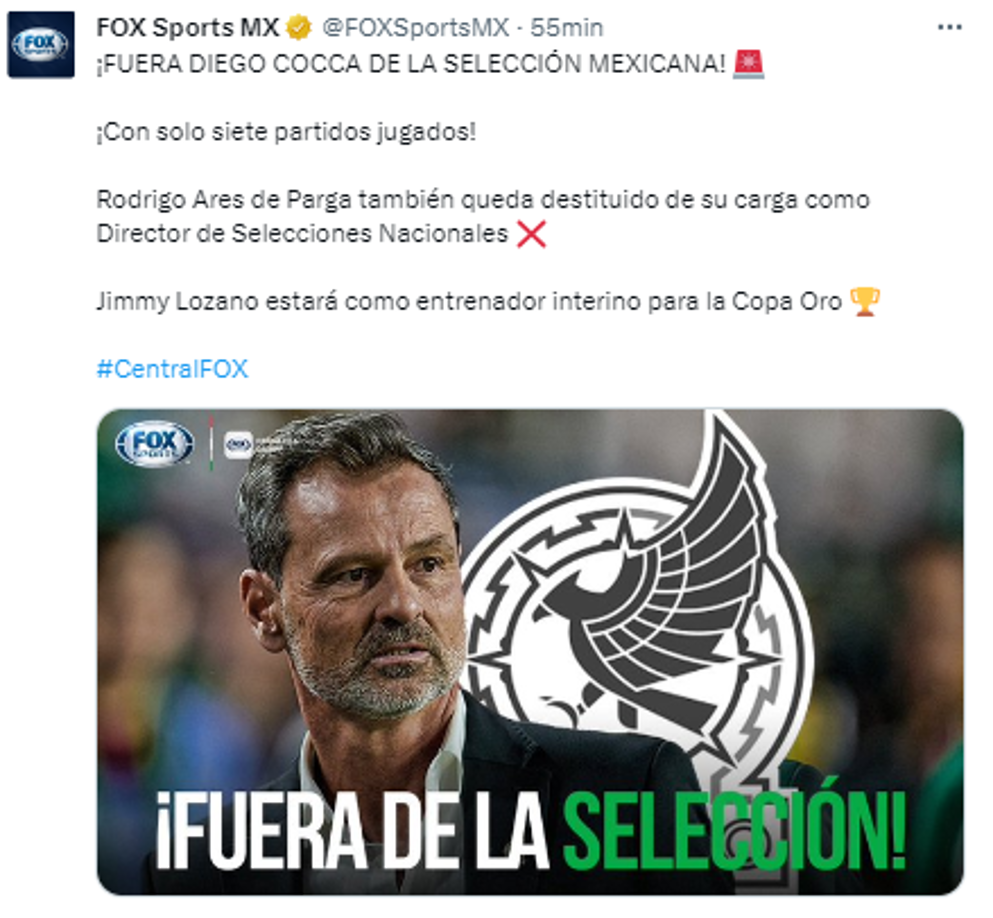 Fox Sports: “FUERA DIEGO COCCA DE LA SELECCIÓN MEXICANA! ¡Con solo siete partidos jugados!”
