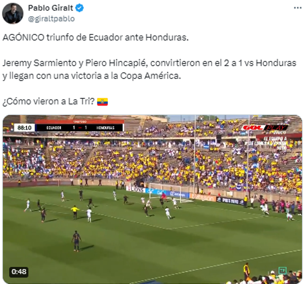 “AGÓNICO triunfo de Ecuador ante Honduras”, así lo definió el periodista Pablo Giralt.