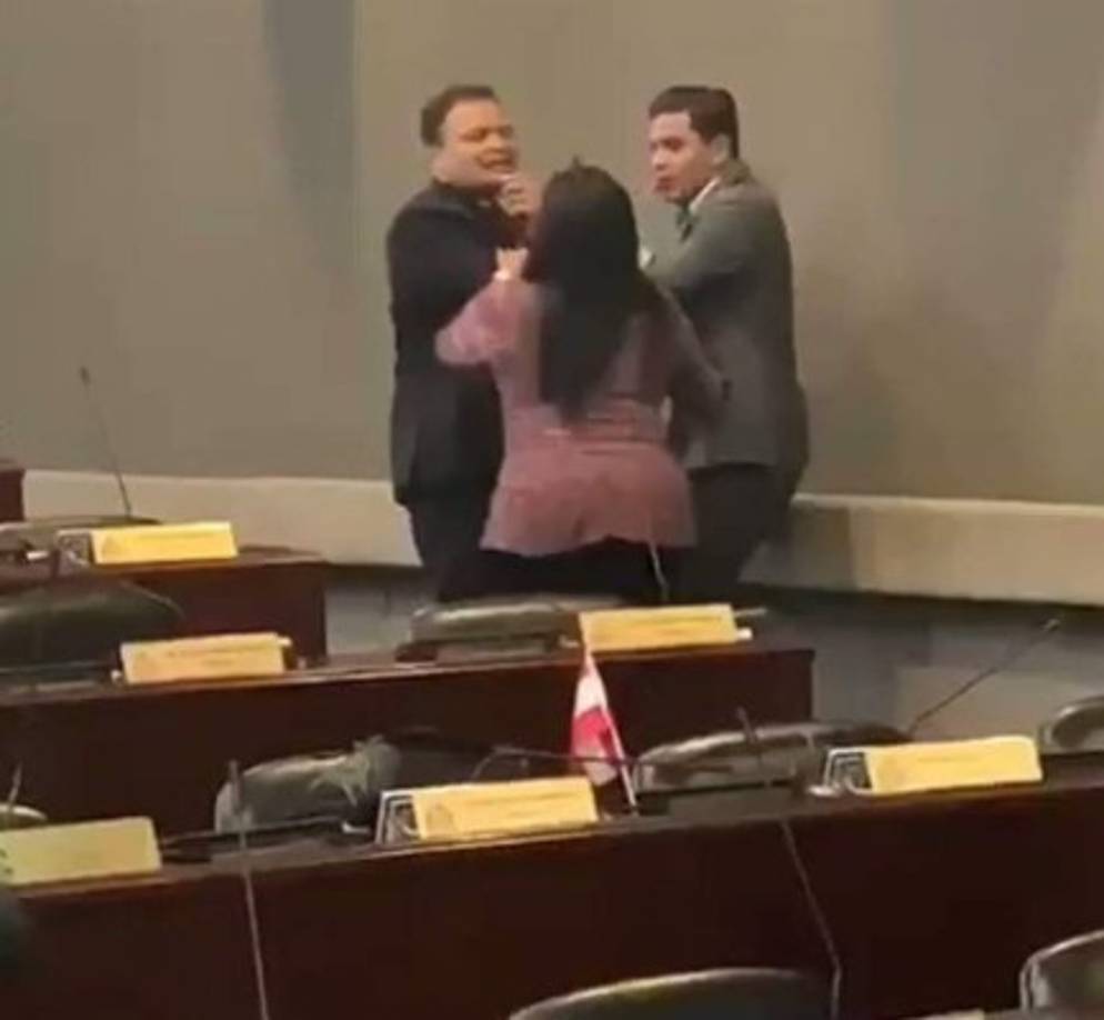 La diputada nacionalsita Waleska Zelaya trató que quitarle los petardos a Dixon, pero otro congresista lo evitó.