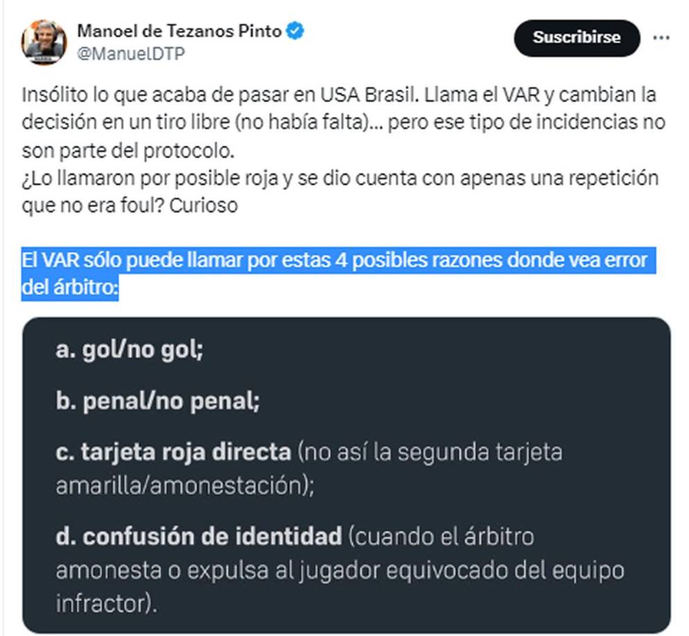 El periodista Manoel de Tezanos Pinto, de TNT Sports Chile, asegura que el cambio de decisión de Saíd Martínez “no son parte del protocolo” y detalla que las cuatro posibles razones en las que el VAR sólo puede llamar al árbitro.