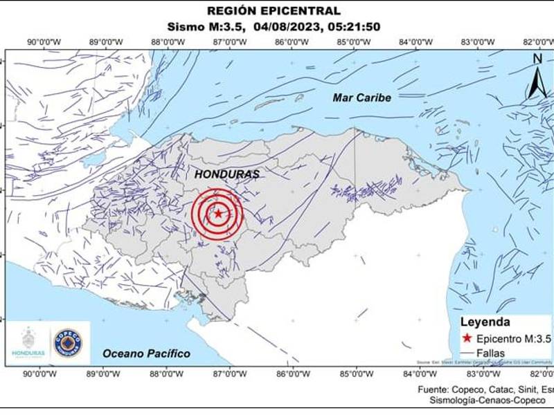 Localización del sismo registrado en las últimas horas en la zona central de Honduras.