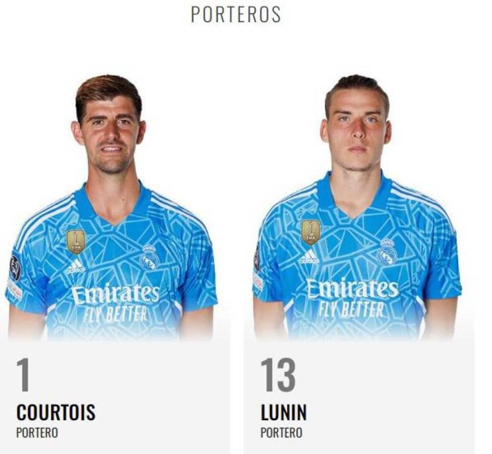 En la portería se mantienen los dorsales. El arquero belga Courtois sigue con “1” y Lunin el “13”. Ante los rumores de la salida del ucraniano, si llega a concretarse, su reemplazo llevaría el mismo dorsal.