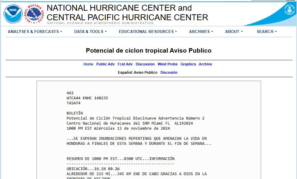 Centro Nacional de Huracanes: Inundaciones repentinas amenazan a Honduras