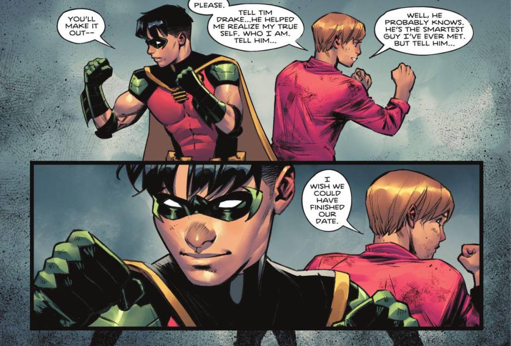 Apenas en agosto, Robin, el eterno compañero de Batman cuya identidad ahora es Tim Drake, dio señales de ser bisexual cuando aceptó una cita con otro hombre, su amigo Bernard.