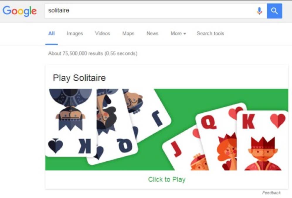 SOLITARIO<br/>El tradicional juego de cartas está disponible en Google con solo escribir 'Solitaire'.