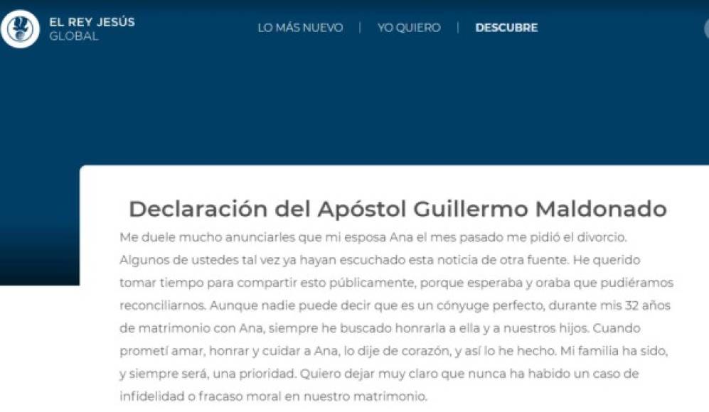 Fue el 21 de septiembre cuando en un comunicado oficial del pastor Guillermo Maldonado se anunció la separación de uno de los matrimonios de religiosos más estables de América.