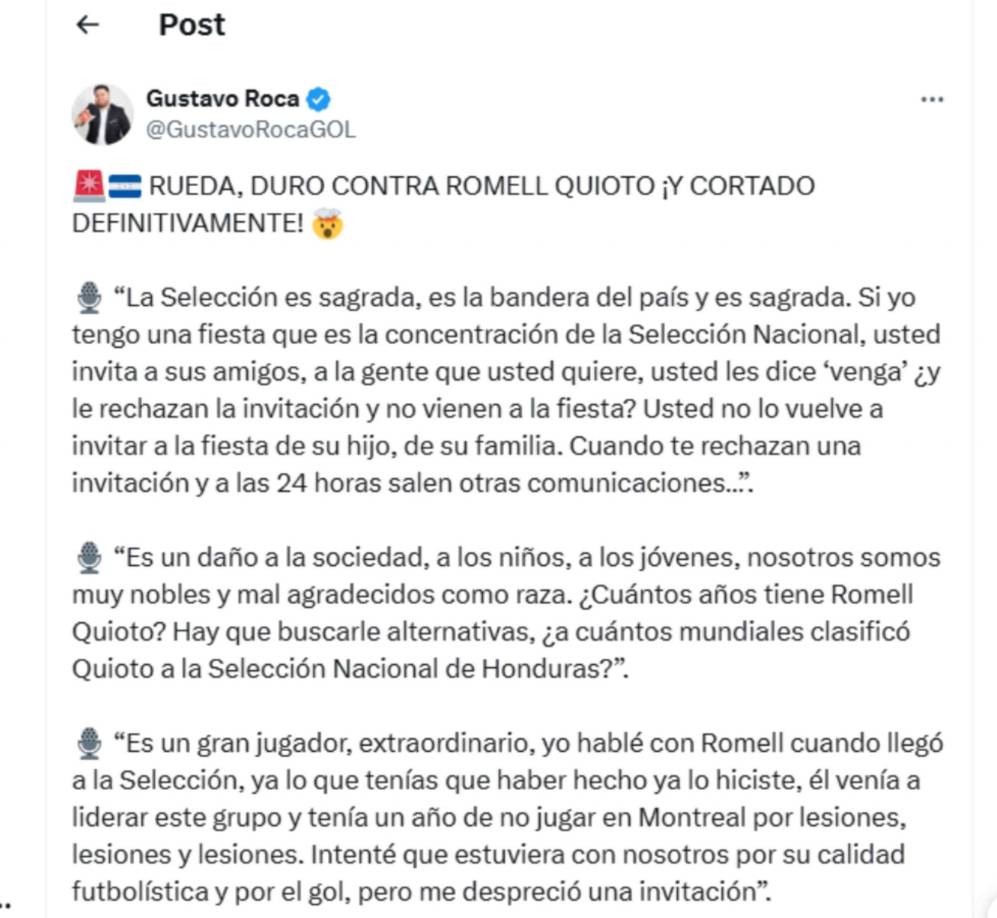 ”Rueda, duro contra Romell Quioto y cortado definitivamente”, señaló el periodista Gustavo Roca.