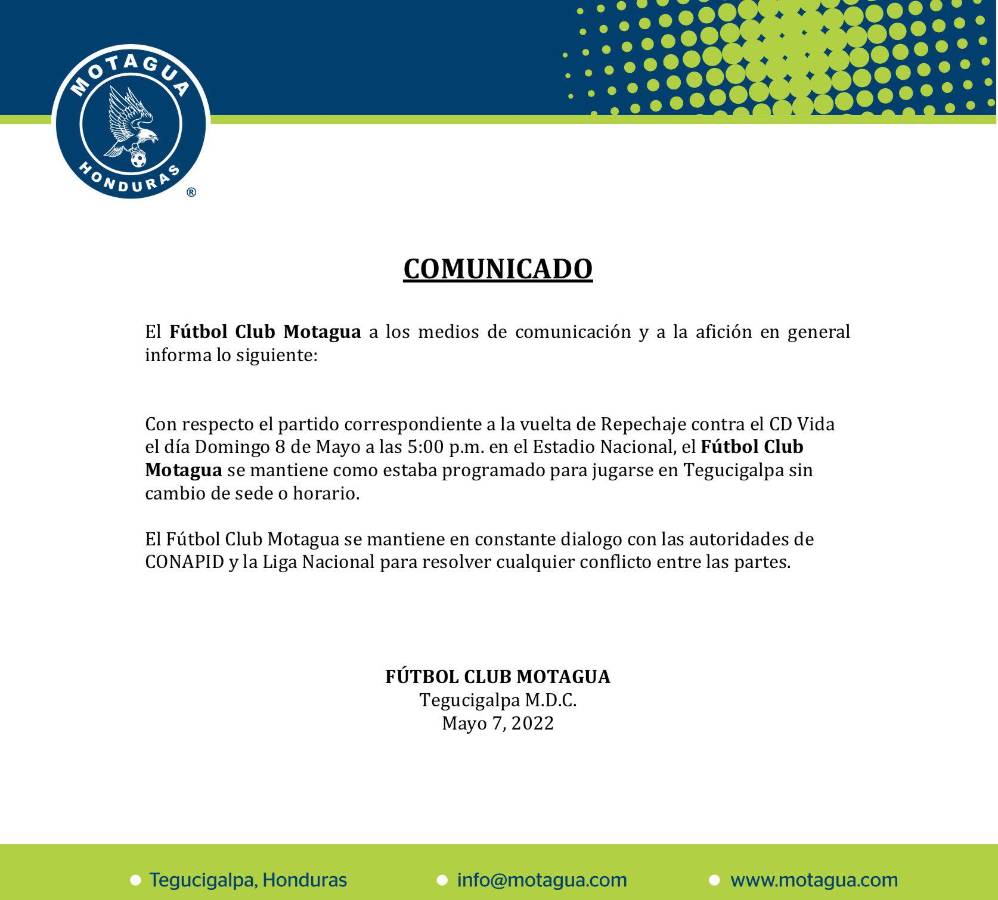 El comunicado del Motagua en donde informó que su duelo ante Vida se disputará tal y como está programado.