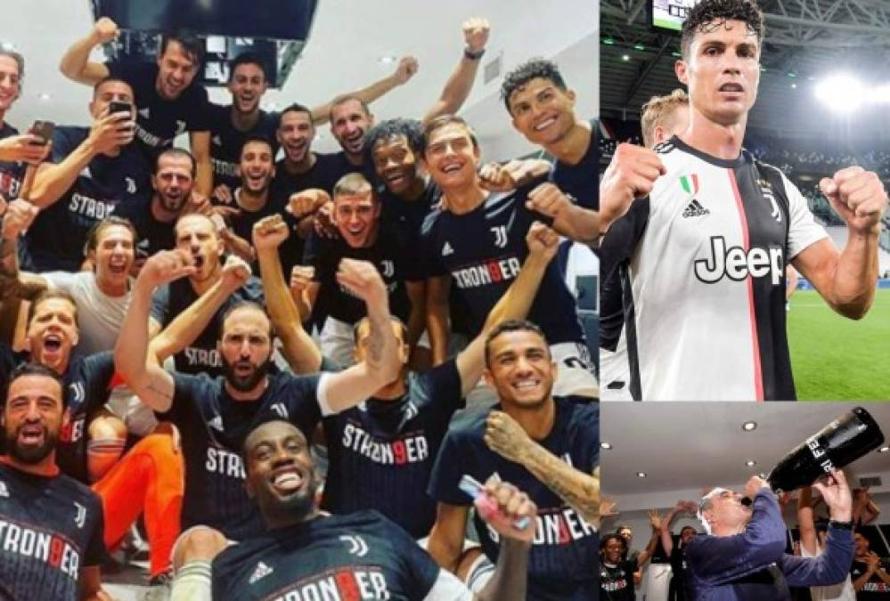 La Juventus festejó por todo la obtención del título de la Serie A que conquistó por novena vez consecutiva. Cristiano Ronaldo sorprendió en el vestuario con su celebración. Fotos Juventus y AFP.